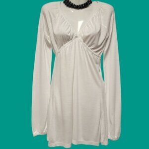 𝅺WHITE Long Sleeve Rayon V Neck Tunic  Blouse Top Size S